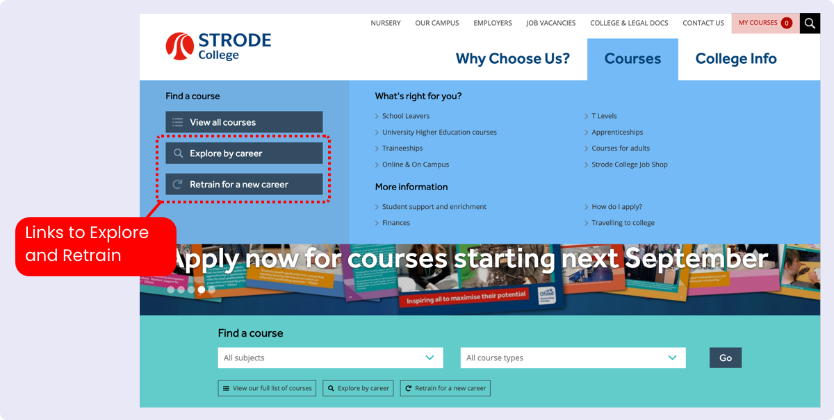 Courses section dropdown navigation showing links to Explore and Retrain